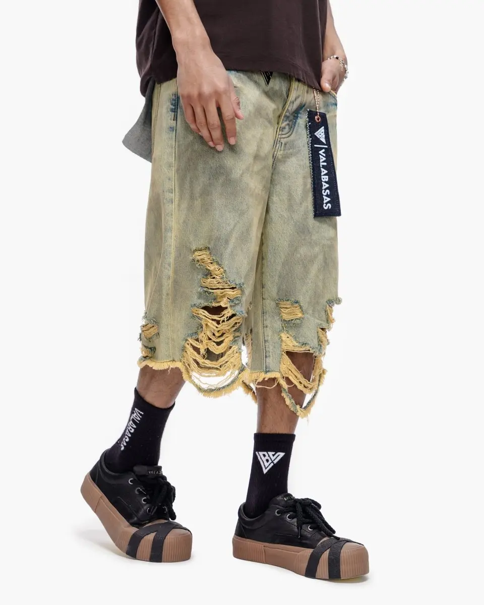 Men's Iceland Graphic Denim Jorts - Relaxed Fit, Vintage Wash, Streetwear-Inspired for Summer Everyday Outfits, Pair with Sneakers, Worn-In Finish, Shorts, Casual, Cold Wash