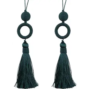 2 Pack 12 Inch Key Tassel with 4 Inch Cord Loop,  Door Knob Tassel with Wooden Ring, DIY Accessories for  Decoration (Dark Green)