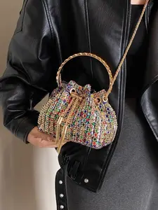 Elegant Rhinestone Bucket Bag, Crossbody Evening Clutch, Chain Strap Fashion Purse, Chic Chain Crossbody, Round Iron Handle, Casual All Seasons