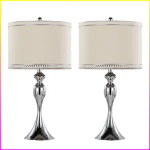 Ashland 27" Contemporary Metal Table Lamp in Polished Chrome and Cream Linen Shade with Trim from Grandview Gallery by LumiSource - Set of 2