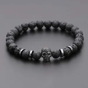 2025 Jewelry Design Black Eye Skull Hematite Bead Bracelet Men Classic Handmade 8mm Lava Stone Charm Bracelet For Men Jewelry Gift