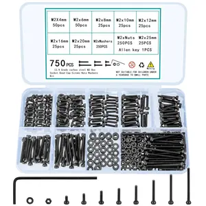 750 Pcs M2 Screws Bolts and Nuts Assortment Kit, Small Hex Socket Head Cap Screws Nuts and Bolts Hardware Fasteners, Black Assorted Machine Metric Screw Assortment Set with Washers