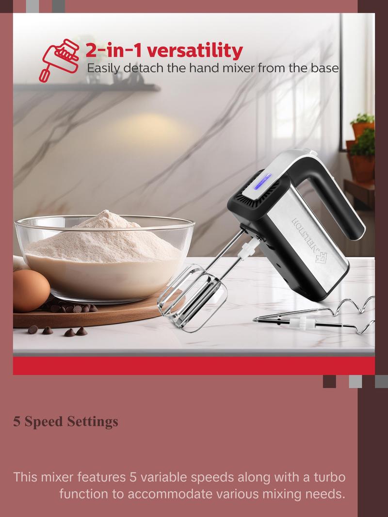 Holstein Housewares 5-Speed Hand and Stand Mixer with LED Light & 2.9QT Stainless Steel Bowl for Versatile Kitchen Use