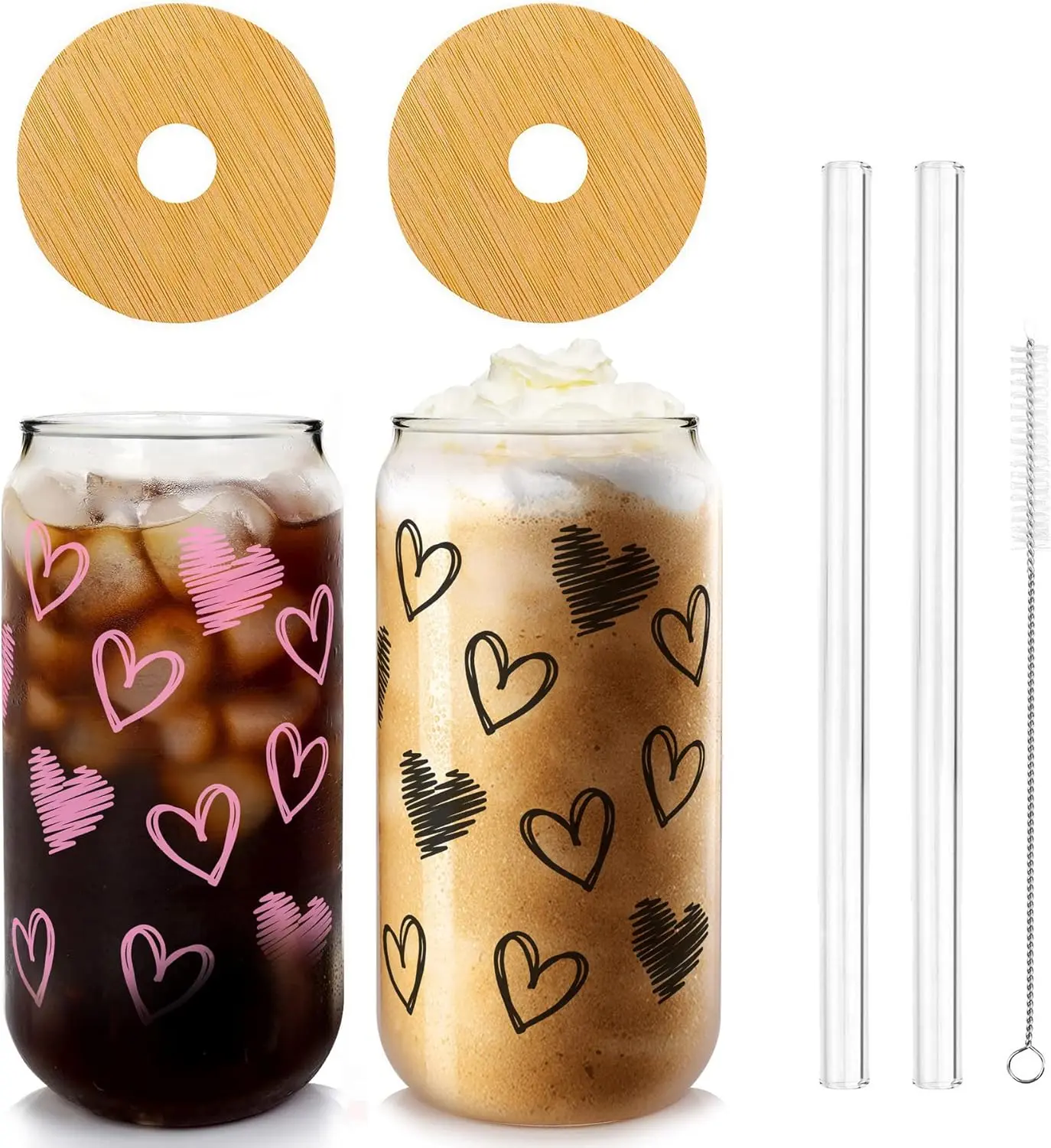Iced Coffee Cups, Valentines Cups Gifts for Her  18 OZ Hearts Cup Beer Glass, Love Can Couple Drinking Glasses, Glass Cups with Bamboo Lids and Straws, Set of 2 Tumbler Drinkware