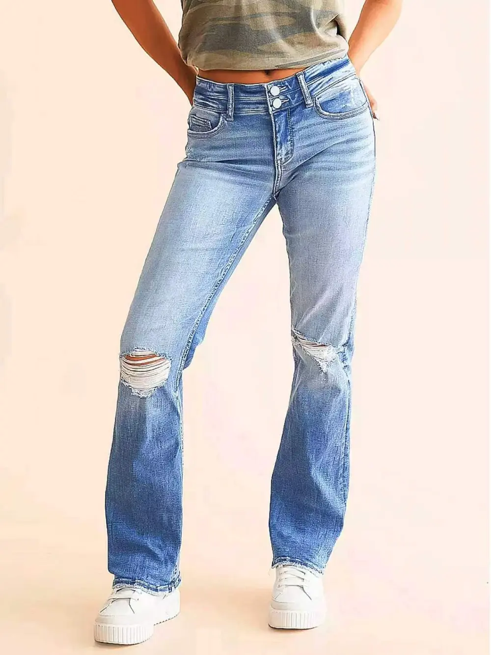 Women's Mid-Rise Vintage Distressed Stretch Ripped Flare Bell-Bottom Jeans - Aesthetic Denim Bottoms Blouses Blue
