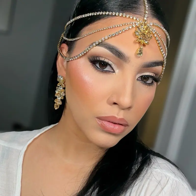 Gold Crystal Bridal Headpiece – Rhinestone Matha Patti / Indian Tikka Head Chain for Weddings & Special Occasions