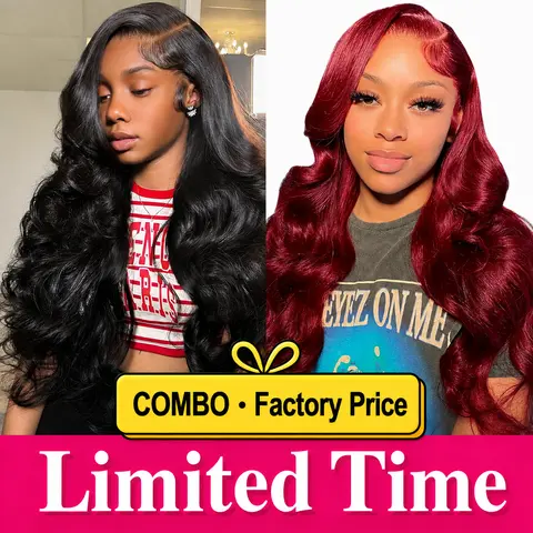 【Early Black Friday Live Combo】13x4 Body Wave Lace Front Wigs Human Hair Pre Plucked Burgundy Body Wave Human Hair 13x4 Transparent Lace Front Wigs