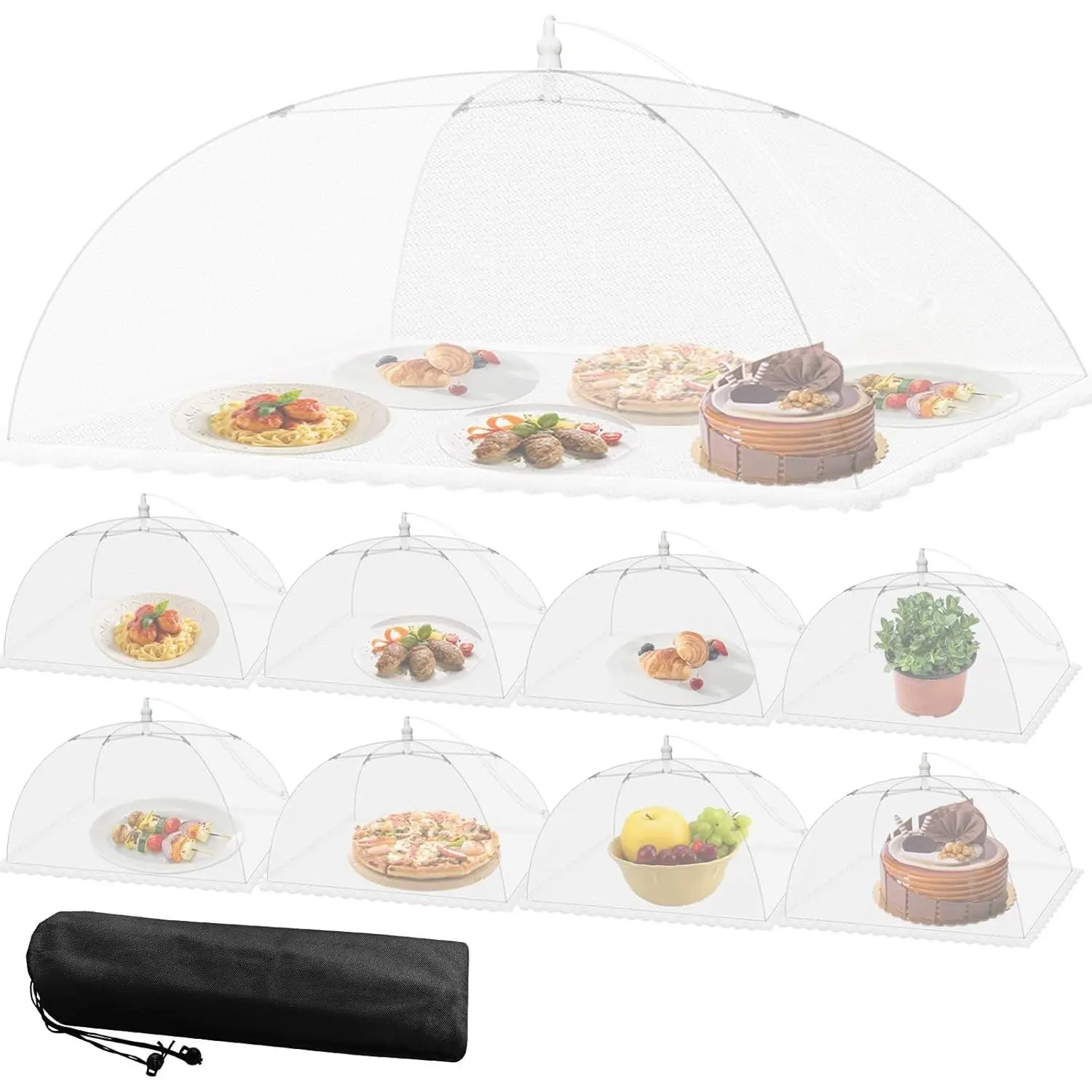Mesh Food Covers for Outside - 9 Pack Upgraded 1 Extra Large 40x24 in & 8 Large 17x17 in Food Tent Food Cover Outdoors Party Collapsible Picnic Nets Umbrella Mesh Screen Pop Up Food Dome (White)