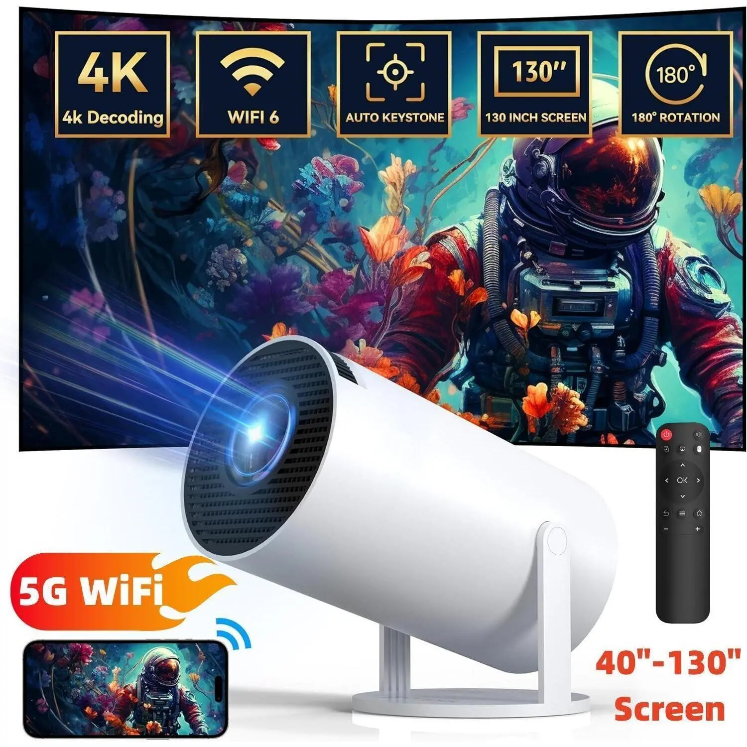 【SUMMER SALE】Mini Projector HY300 PRO, 4K/200 ANSI, Auto Keystone, 2.4/5G WiFi, BT 5.0, 130" Screen, 180° Flip, Round Design, Portable Home Video Projector,for Valentine’s Day Gift