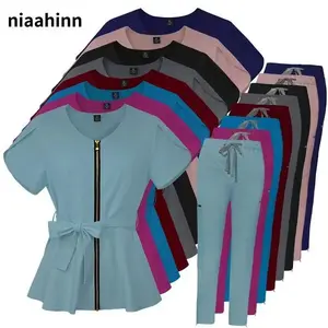 Nurses Uniform Workwear Scrubs Tops+pants Suit Solid Color Nurse Uniform Short Sleeved Pocket Blouse Pharmacy Dentistry Workwear Womenswear Clothes Comfort 42038-Light Blue Gamis Vneck