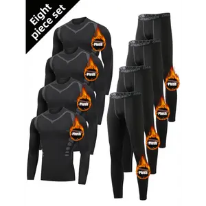 8pcs Set Men's Thermal Underwear with Plush Lining, Moisture-Wicking Long Sleeve Top & Legging Suit for Fall/Winter Sports, Tight-Fit Athletic Base Layer Running, Gym, Cycling, Hiking, Skiing And Casual Wear
