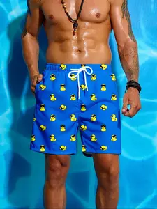 Men's Cartoon Duck Print Beach Shorts, Casual Comfy Loose Swim Shorts for Summer, Men's Swimwear for Beach Vacation Outdoor