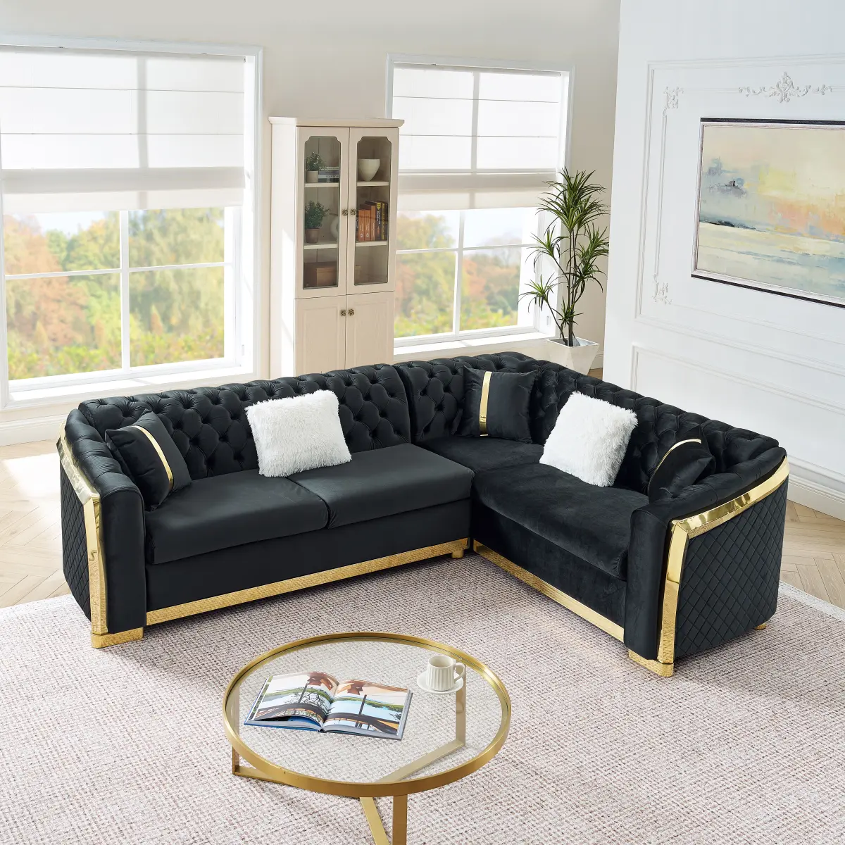 Aobtkel 106-Inch L-Shaped Curved Sectional Sofa Set, Velvet Button-Tufted Luxury Padded Corner Sofa with Gold Stainless Steel Accents, 5 Pillows, Large Cushion Cloud-Soft Assembled Black Indoor Living Room Apartment Furniture, Curved Sectional Sofa Sets,