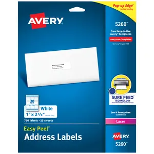 Avery Easy Peel Printable Address Labels with Sure Feed, 1" x 2-5/8", White, 750 Blank Mailing Labels for Laser Printers (5260)