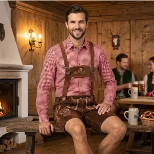 Hazel Brown Traditional Bavarian Cowhide Suede Lederhosen Shorts for Oktoberfest, Christmas & Carnivals