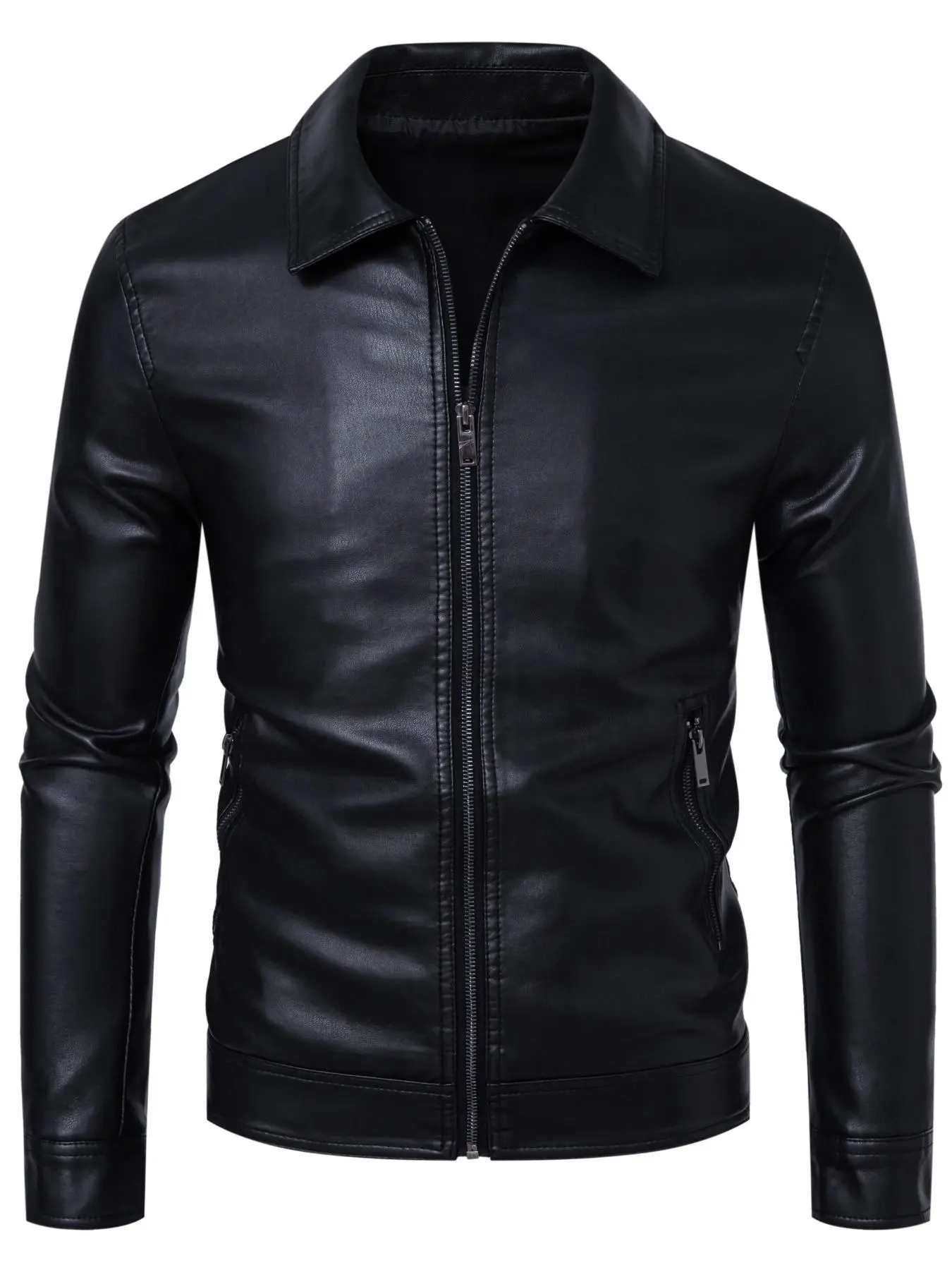 Men's Solid Color Zip Up Faux Leather Jacket, Coats, Slim Casual Comfy Long Sleeve Outerwear for Daily Wear, Men's Clothing for All Seasons