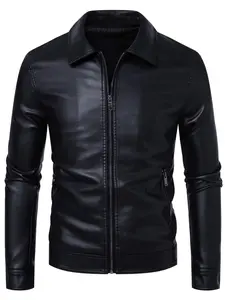 Men's Solid Color Zip Up Faux Leather Jacket, Slim Casual Comfy Long Sleeve Outerwear for Daily Wear, Men's Clothing for All Seasons