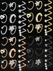 Rhineston Nose Rings Hoops Rhinestone Nose Ring Heart Cz Nose Ring L Shaped Nose Rings Studs Silver Gold Nose Hoops Nose Piercings Jewelry 20g Stainless Steel Nose Studs Hoops,  Nose Piercing Jewelry For Women Men Spiral Nose Ring