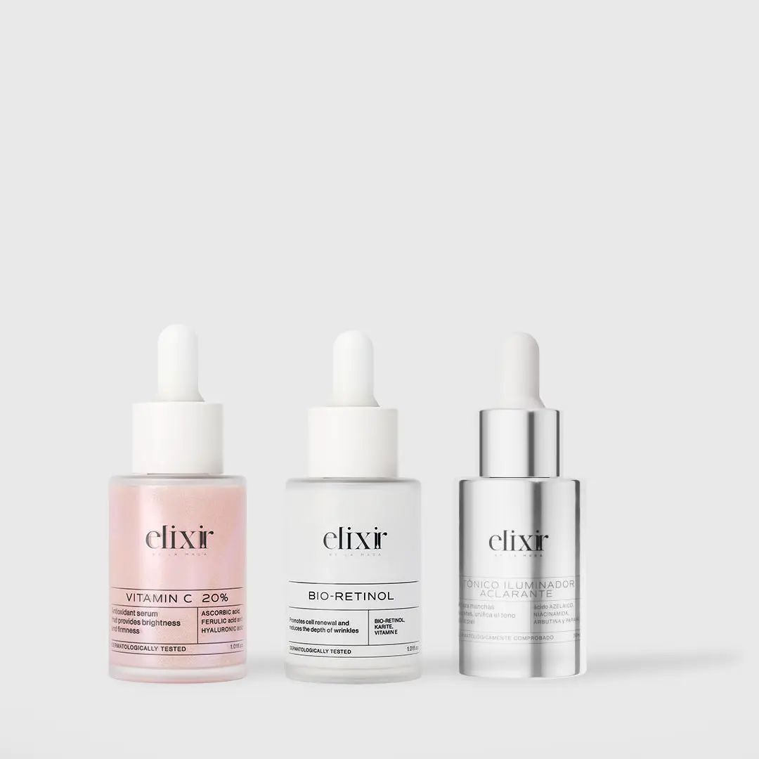 Kit Despigmentante Intensivo - Vitamina C x30ml, Bio-Retino x30ml y Tonico Iluminador Aclarante x 30ml (3 pack) Elixir USA