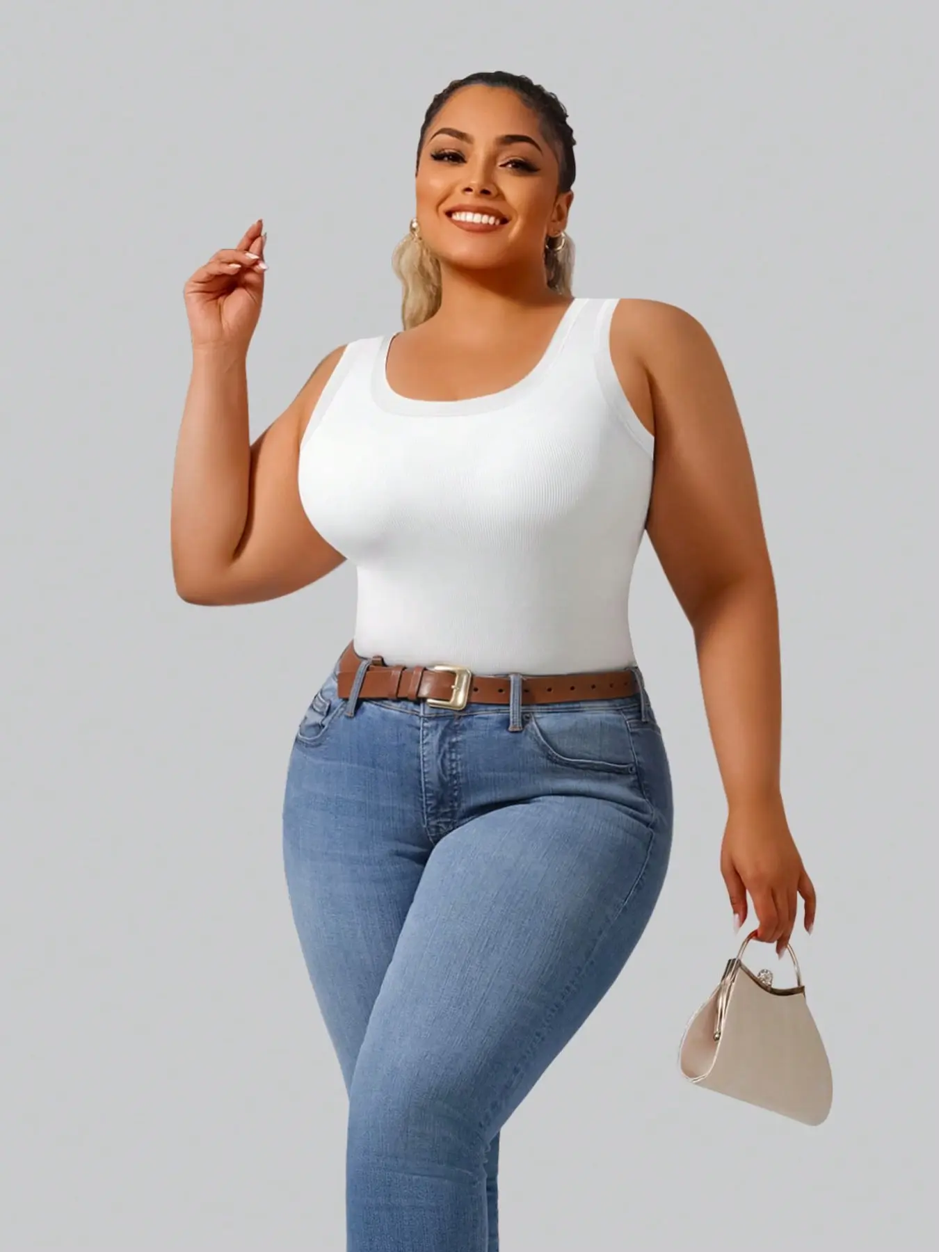 Plus Size Round Neck Solid Ribbed Tank Top for Women, Slim Fit Stretch Comfortable Breathable Basic Inner Outer Wear