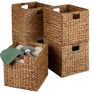 Best Choice Products Set of 5 Handwoven Water Hyacinth Storage Baskets – Natural Collapsible Organizers with Handles