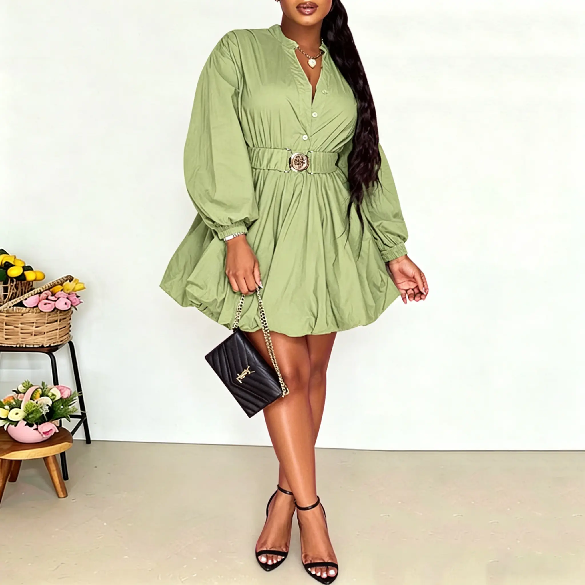 Echoine Puffy Mini Dress Women's Bubble Button Down with Belt A-Line Minimalist Design Comfortable Fit Buckle Formal Polyester Elastic birthday homecoming Casual Elegant Long Sleeves Bridal Soft Womenswear graduation dress sundress easter dresses 2026