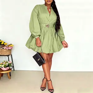 Echoine Puffy Mini Dress Women's Bubble Button Down with Belt A-Line Minimalist Design Comfortable Fit Buckle Formal Polyester Elastic birthday homecoming Casual Elegant Long Sleeves Bridal Soft Womenswear graduation dress sundress easter dresses 2026