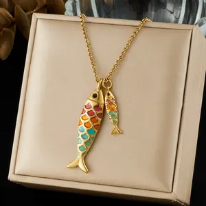 Fashion Cute Cartoon Colorful Enamel Lucky Koi Fish Pendant Gold-Plated Stainless Steel Jewelry Necklace