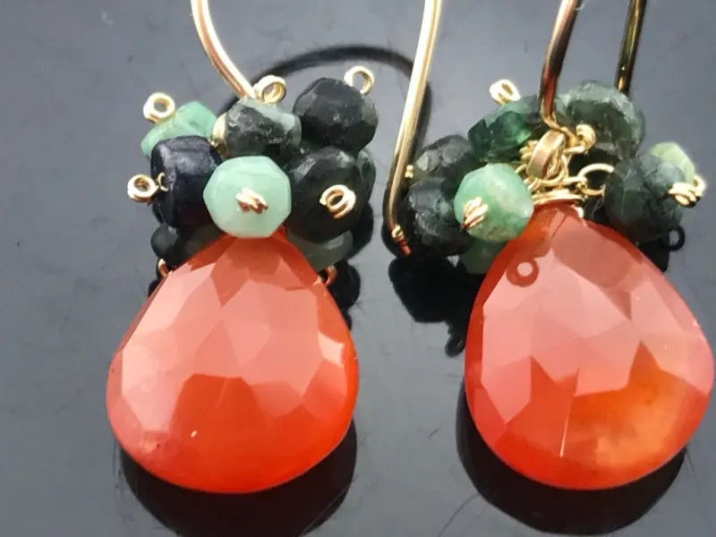 Carnelian and Emerald Cluster Earrings · 14K Gold Filled or 925 Sterling Silver · Handmade Gemstone Jewelry Gift for Her