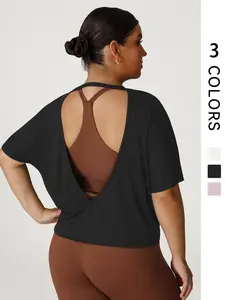 1 PCS Plus Size Women's Solid Color Round Neck Crossover Backless Loose Short Sporty Short Sleeve T-Shirt, Gym Workout Tee, Comfortable and Breathable Sporty Shirt Blouse Match the Sports Bra, Casual Workout Tops, Breathable Gym Shirts, Athletic Yoga Tops