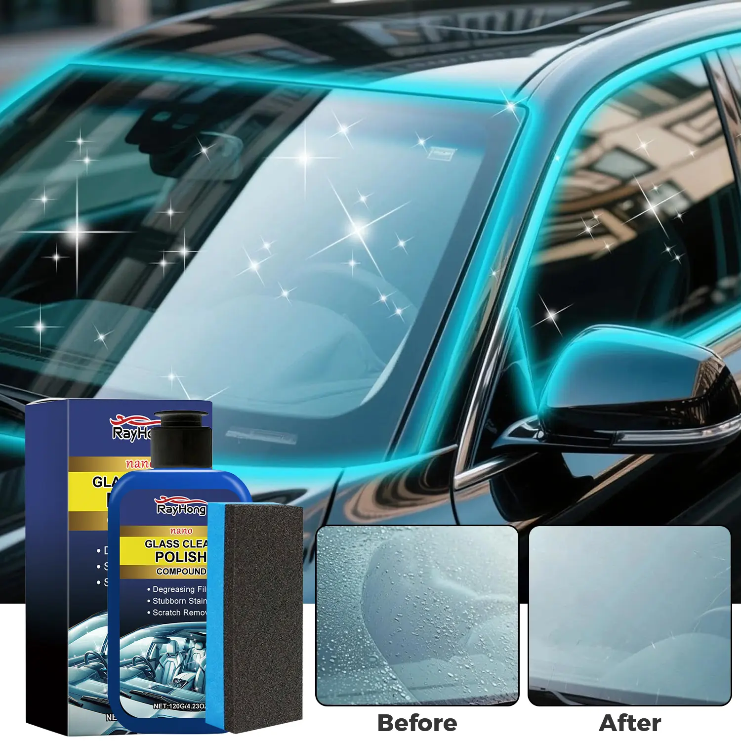Glass Clean Polish Compound, Car Glass Oil Film Remover, Windshield Stubborn Stain Cleaner, Water Spot & Light Scratch Removal, Comes With Sponge
