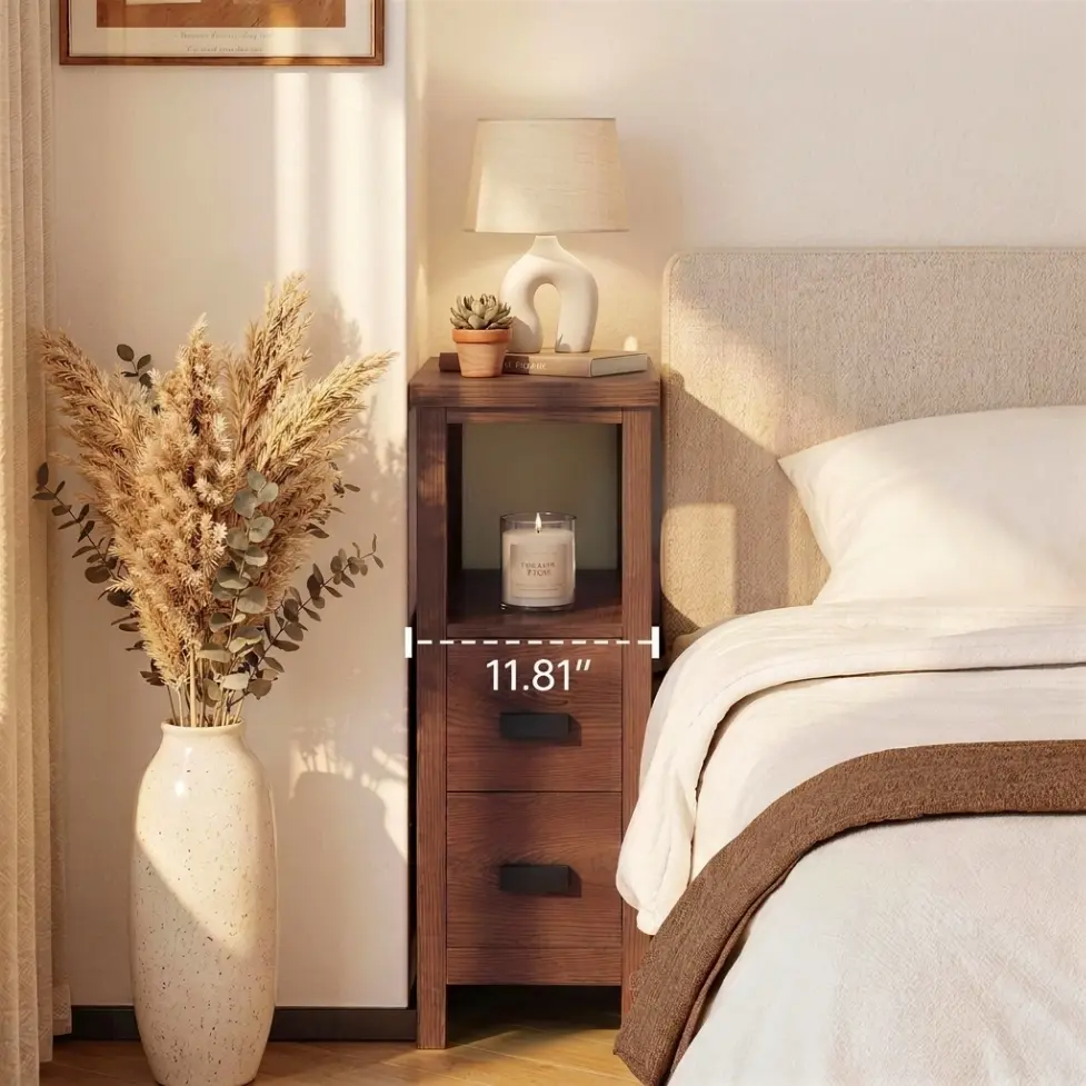 Narrow Nightstand with Charging Station, 24.4" H Slim Side Table with 2 Drawers, Bedside Table for Small Spaces, Modern End Table with Low Profile Legs (Walnut)