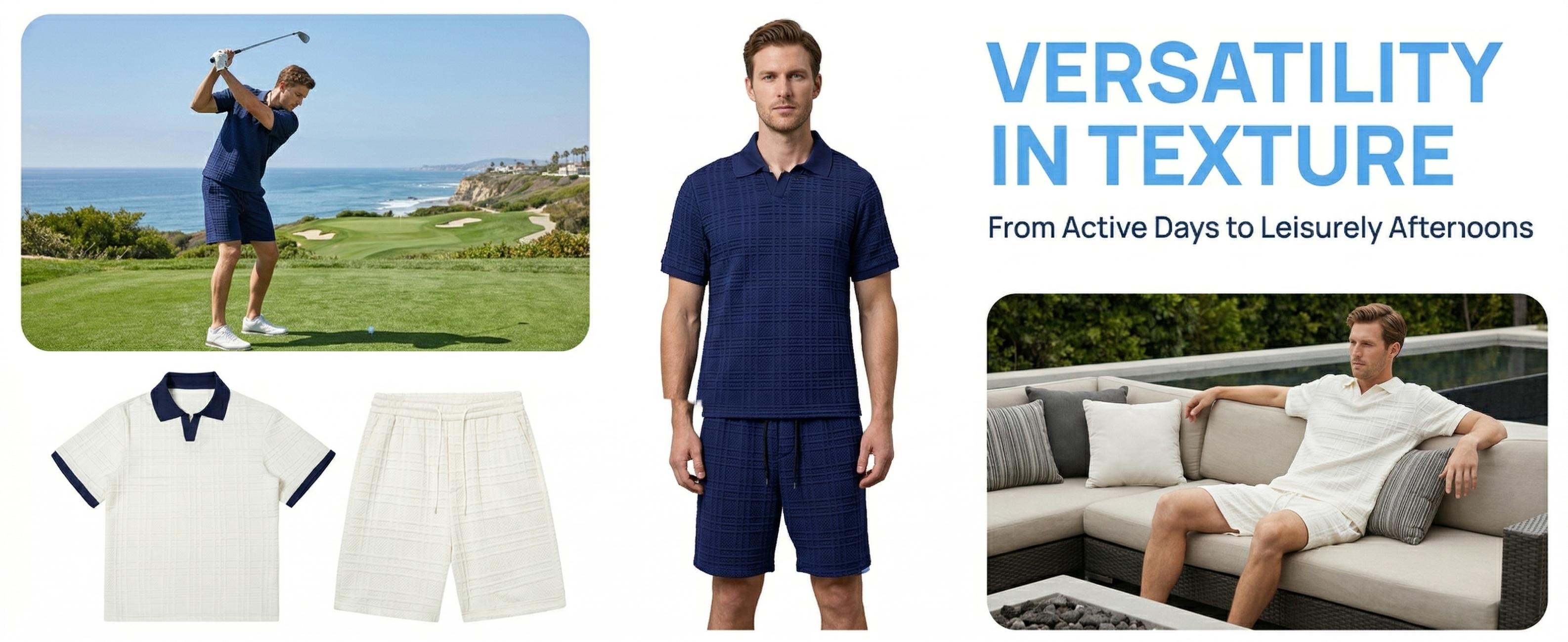 Men's Casual 2 Piece Set, Textured V Neck Short Sleeve Shirt & Shorts for Daily Wear