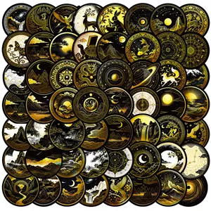 56 black and gold celestial cartoon graffiti stickers, dark-style unique niche decoration for luggage and planners