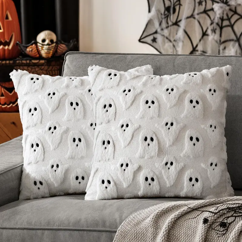 New Halloween Goblin Pillowcase with PV Plush, 3D Ghost Embroidery, Black and White Holiday Decorative Cushion Cover