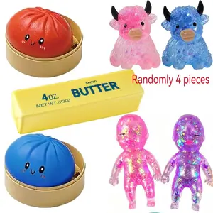 4 Soft Squeeze Toys (bun + Butter + Highland Cow + Doll) Random Colors, Perfect for Halloween, Thanksgiving, Christmas Gifts, Party Prizes