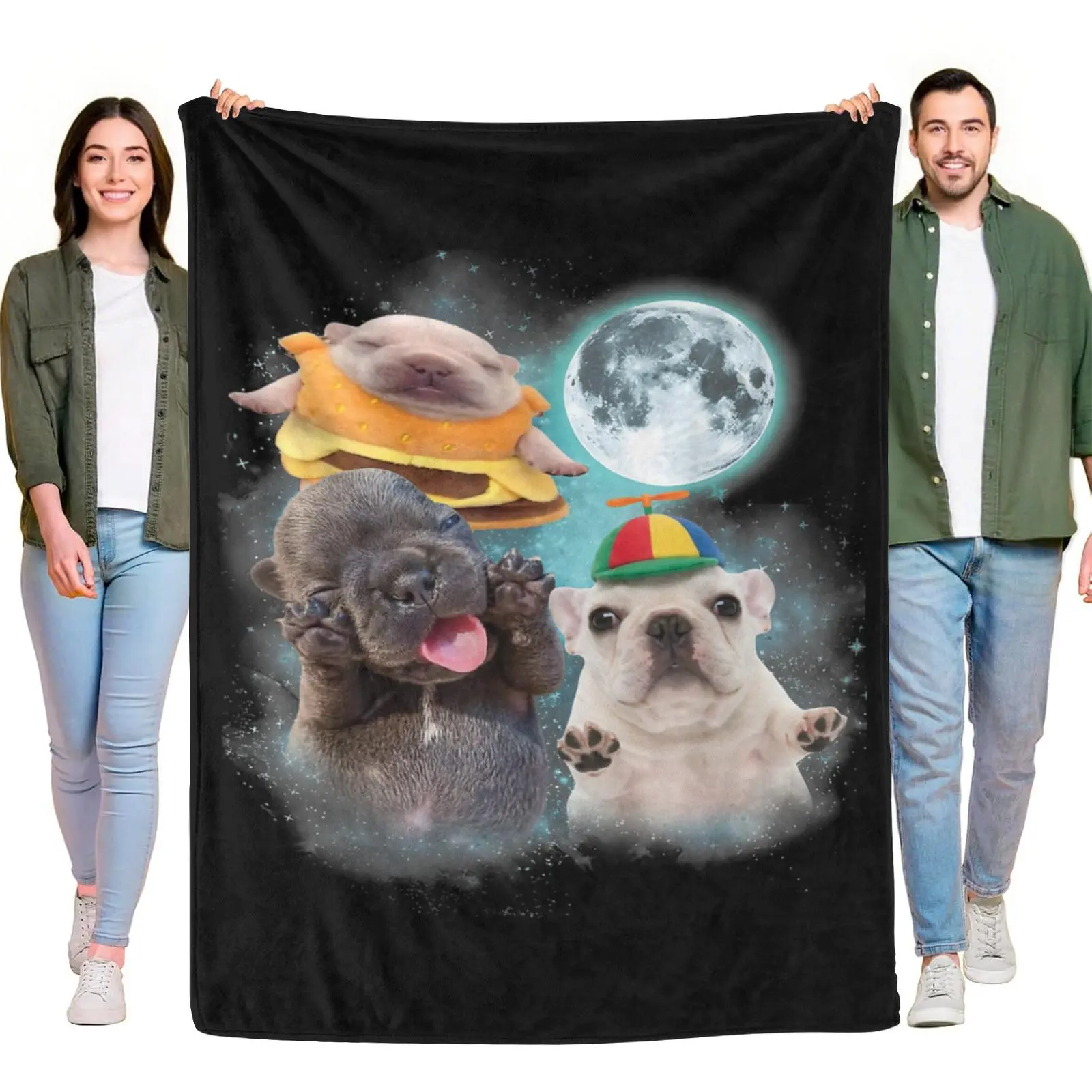 Flannel Throw Blanket, Galaxy Moon Cute French Bulldog Puppy Combo Print Blanket, Soft Cozy Lightweight Blanket for Home Couch Bed, Adorable Space Puppy Bedroom Warm Blanket