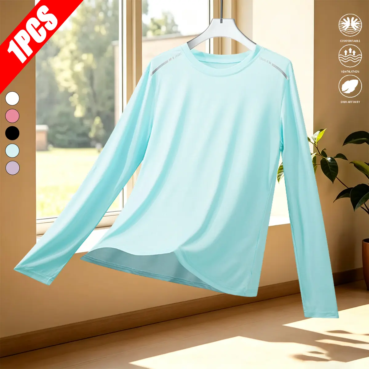 Women’s quick-dry mesh breathable crew-neck long-sleeve top, suitable for all seasons; sports/outdoor sun-protection base layer T-shirt; casual workout running top, perfect for spring and autumn jogging, fitness, and everyday wear.