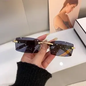 1pc Unisex Fashion Square Rimless Sunglasses, Wood Grain Temples Outdoor UV Protection Trendy Shades