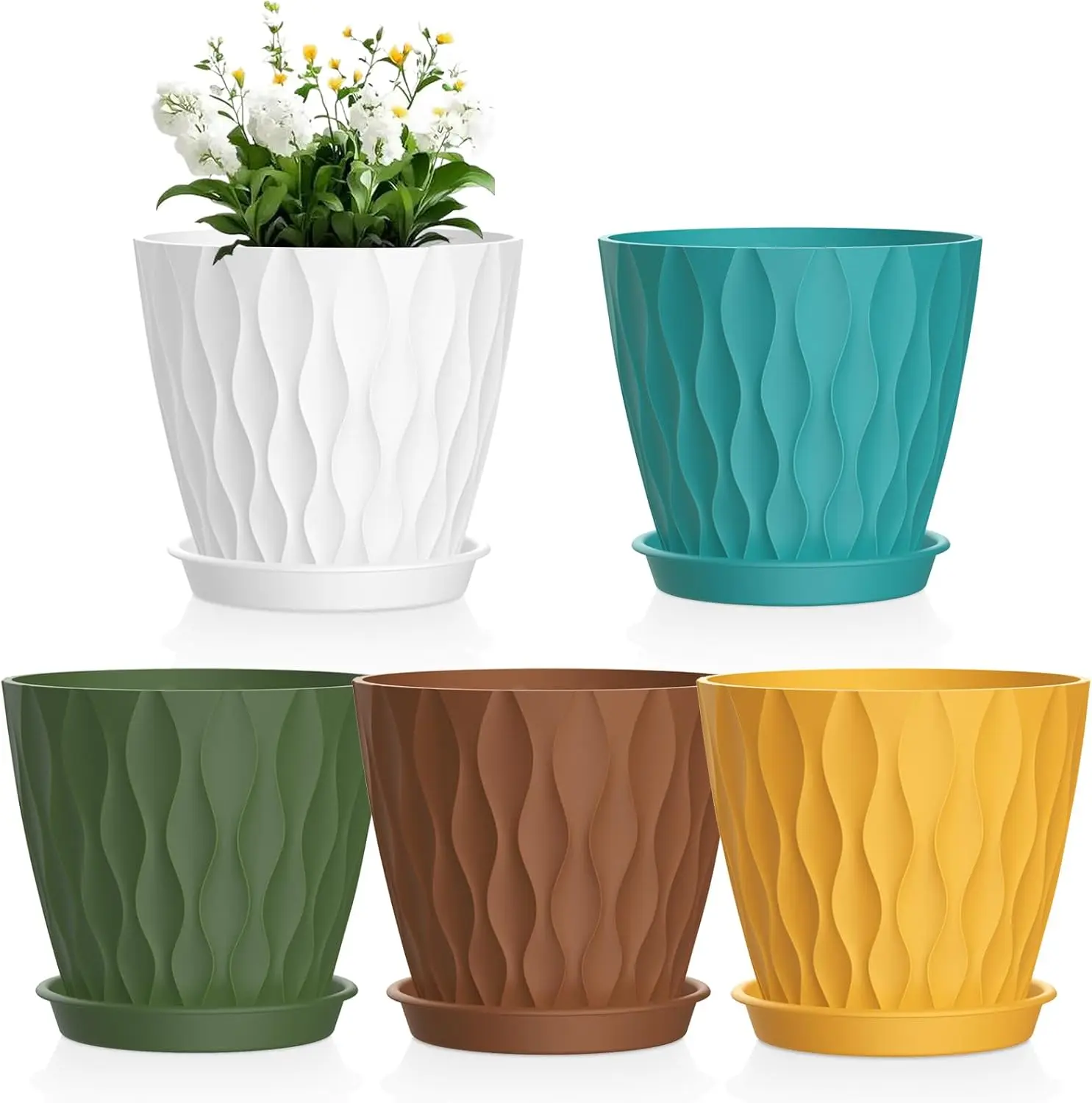 6 inch  Pots, 5 Pack Water Ripple Flower Pots for Indoor Outdoor , Plastic Planters with Drainage Holes and Saucers,  Pots for Small Succulent Garden House , Multicolor