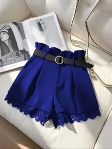 Women's Lace Trim Skirt Pants Shorts, Elegant High Waist Pleated Design, Buckle Belt, Spring Summer Casual Wear
