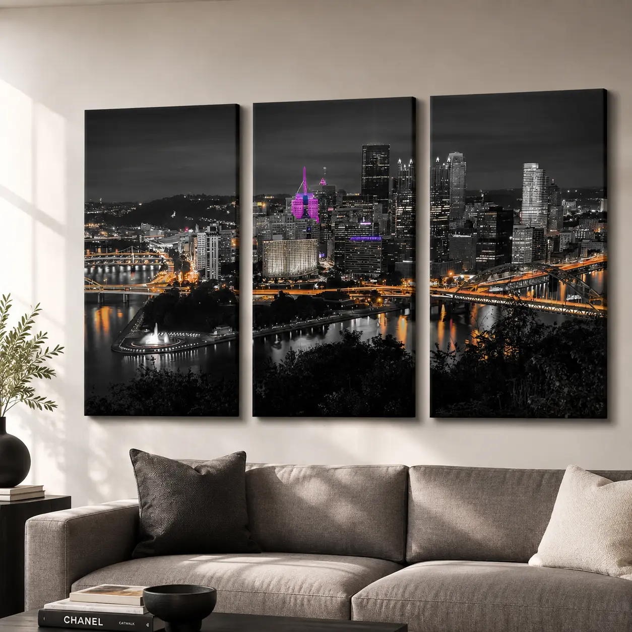 2D Printed Black and White City Skyline Wall Art Set, Modern Night Cityscape Canvas Artwork, 3 Piece Urban Wall Decor for Living Room Bedroom Office
