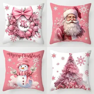 Set of 4 Christmas Cushion Covers, Festive Tree, Santa & Snowflakes Print, Soft Plush Material, Hidden Zipper Closure, Perfect for Home Decor
