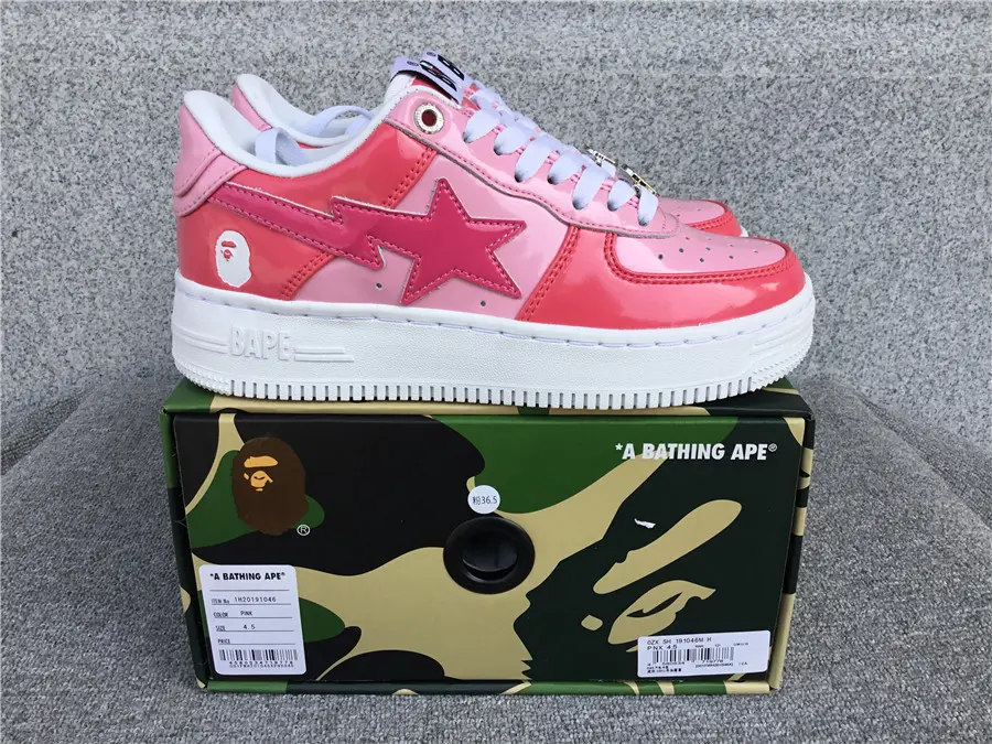 Gradient Pink Patent Leather Street Sneakers Star Patchwork Thick Sole Low Top Breathable Daily Skate Shoes