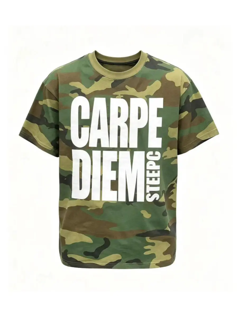 Carpe Diem Camo Graphic T-Shirt – Vintage Woodland Streetwear Cotton Tee