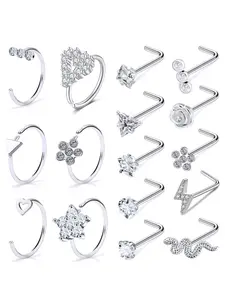 Unisex Stainless Steel Nose Ring Set, Inlaid Zirconia Flowers & Geometric Shapes, Low-Allergy Stud Earrings, Multiple Styles Available, Nose Piercing Jewelry