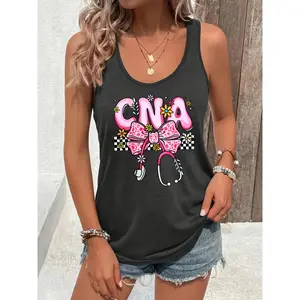 Women's Polyester-Rayon-Spandex Tank Top - Sleeveless Round Neck, Lightweight, Pink Bow Stethoscope Flowers Print, Soft Stretchy, Machine Washable Summer Casual Outdoor Top