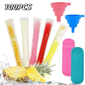 100PCS Disposable Ice Popsicle Mold Bags BPA Free Freezer Tubes With Zip Seals For Healthy Snacks, Yogurt Sticks, Juice & Fruit Smoothies, Ice Candy Pops Comes With 2 Funnel and 2 Freezer Pop Sleeves (11"x2")