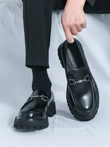 Men's and Colorblock Metal Buckle Thick Sole Loafer, Matte Height-Boosting Platform Shoe, Slip-On Business Casual Leather Shoes, Flatform
