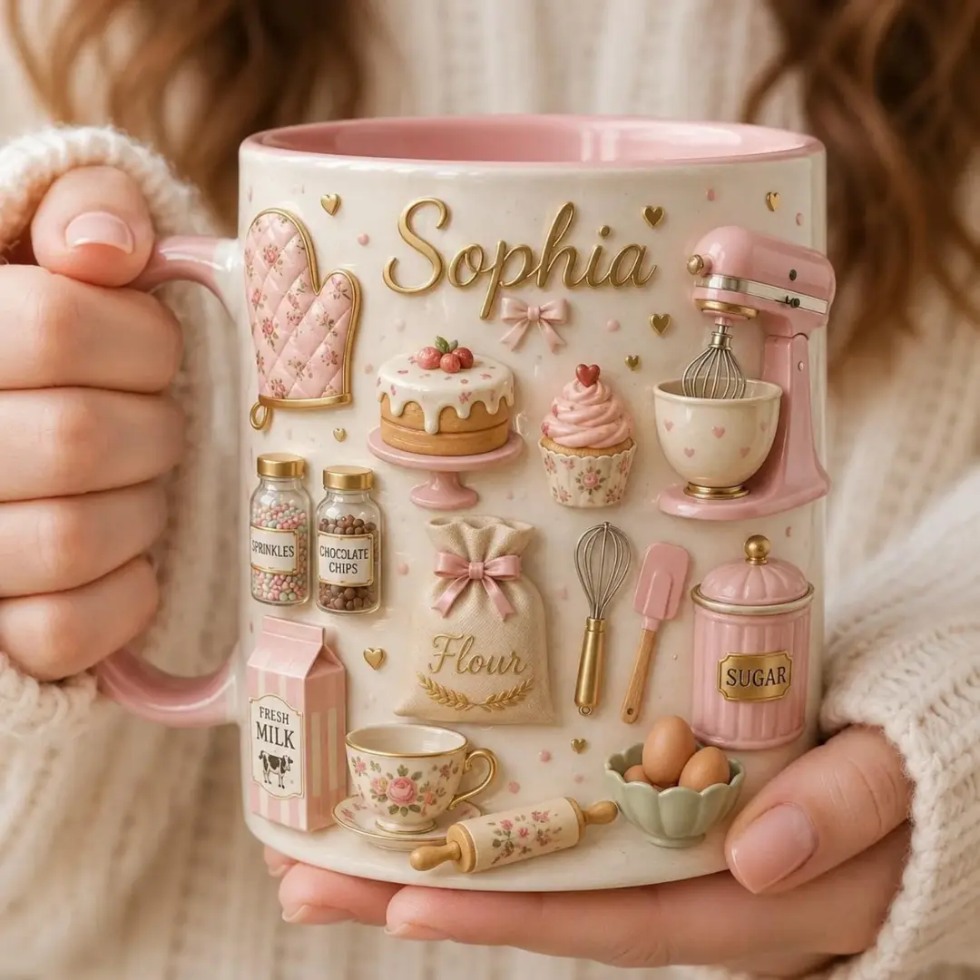 Personalized Baking Mug, Custom Name Baker Coffee Mug, Baking Lover Gift, Cute Pink Kitchen Mug, Home Baker Cup, Birthday Gift for Bakers